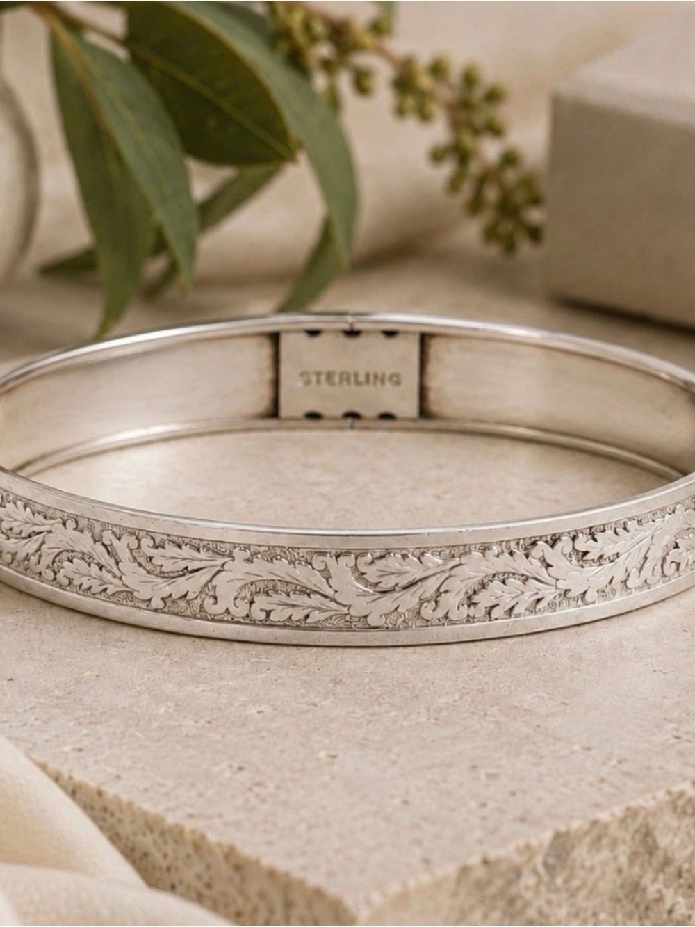 Victorian Revival 1950s Silver Bangle Bracelet Etched Leaf Scroll Bangle Vintage